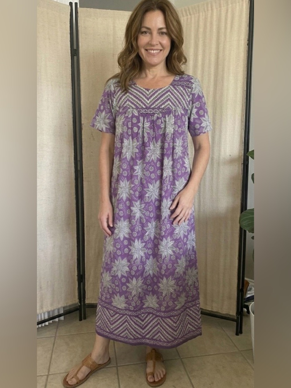 Vintage Daffodil boho floral Aztec knee length dress purple white India cotton M